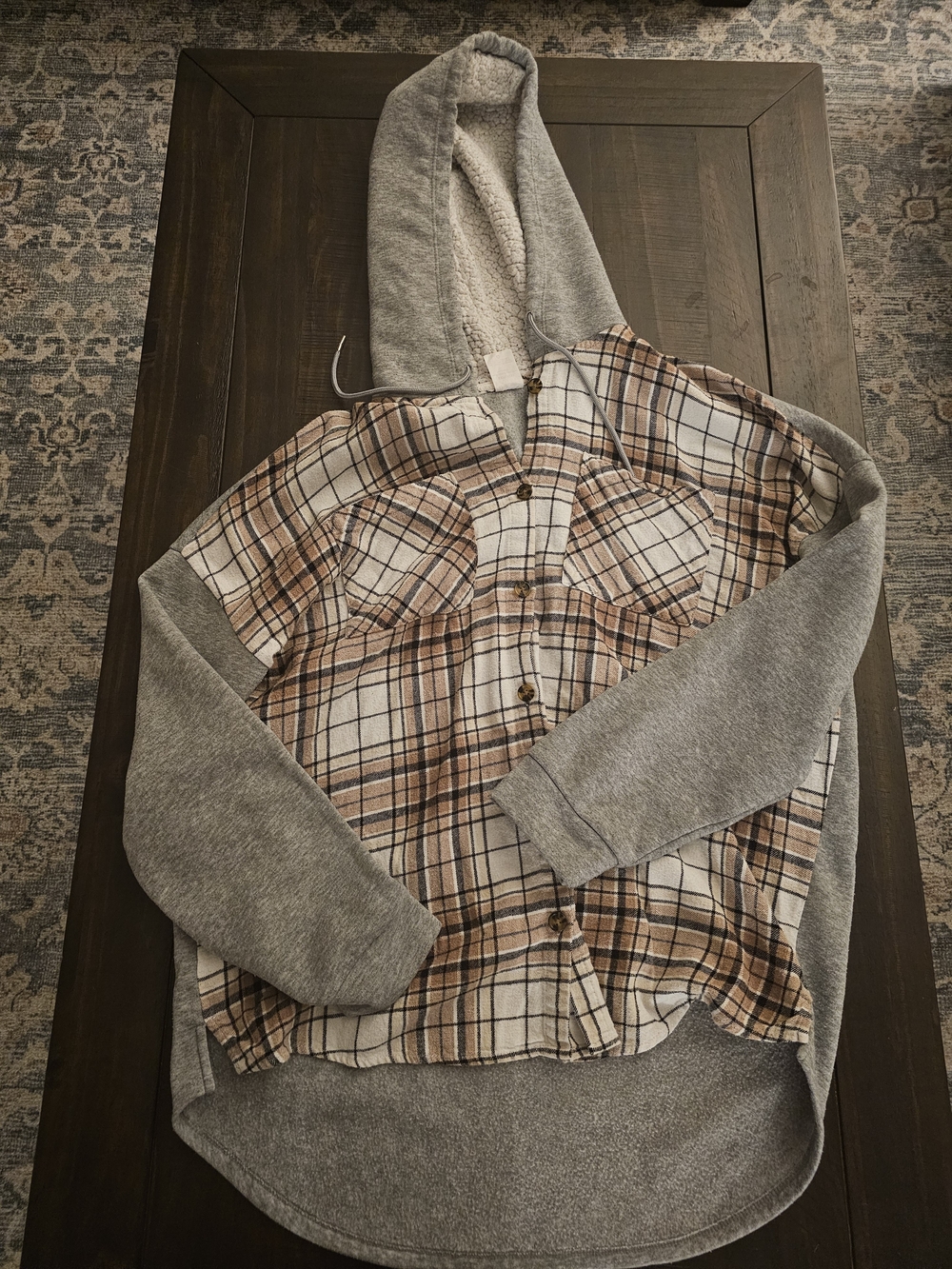 No Boundaries Gray Hoodie Jacket with Brown Plaid Front Zip-Up